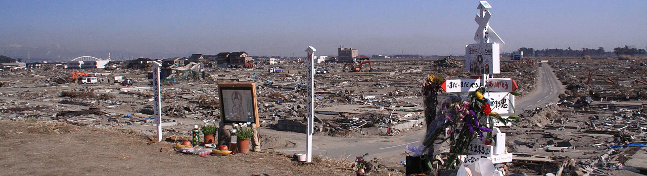 Buddhist painting and signposts of prayer and wish at the top of Mt. Hiyoriyama, a 6.3m high man-made hill in Natori, Miyagi where the tsunamis attacked