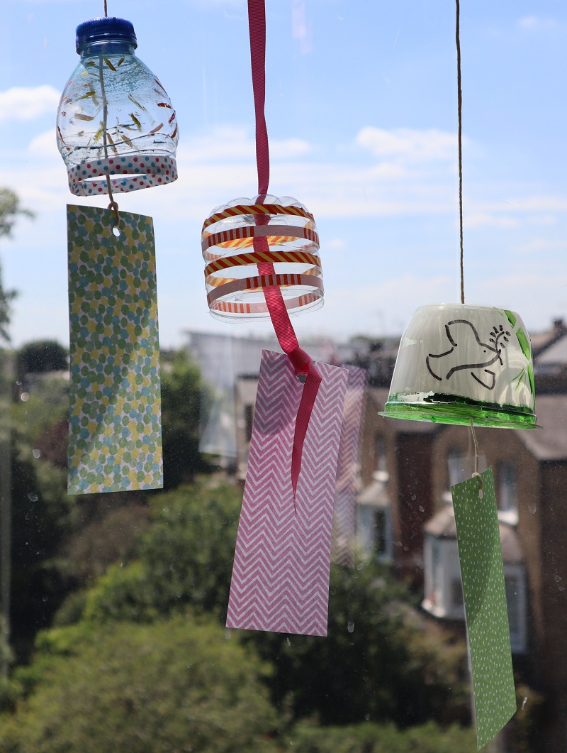 Example furin made from recylced materials with tanzaku cards: